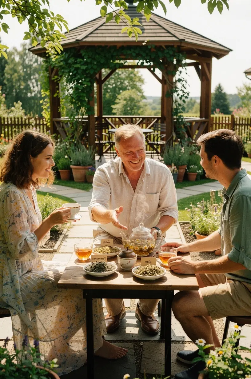 Illustracija, vaizduojanti žolelių arbatos naudą sveikatai, su piktogramomis ir informaciniais tekstais.