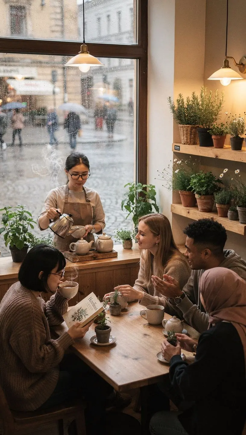 Medinis arbatos dėklas su įvairiomis džiovintomis žolelėmis, skirtas holistiniam požiūriui į gerovę.