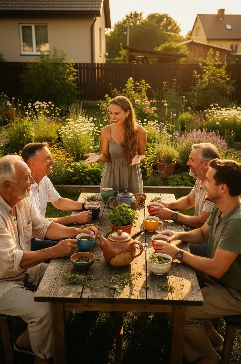 Raminanti žolelių arbatos ruošimo scena su uždegtomis žvakėmis ir minkšta apšvietimo atmosfera.