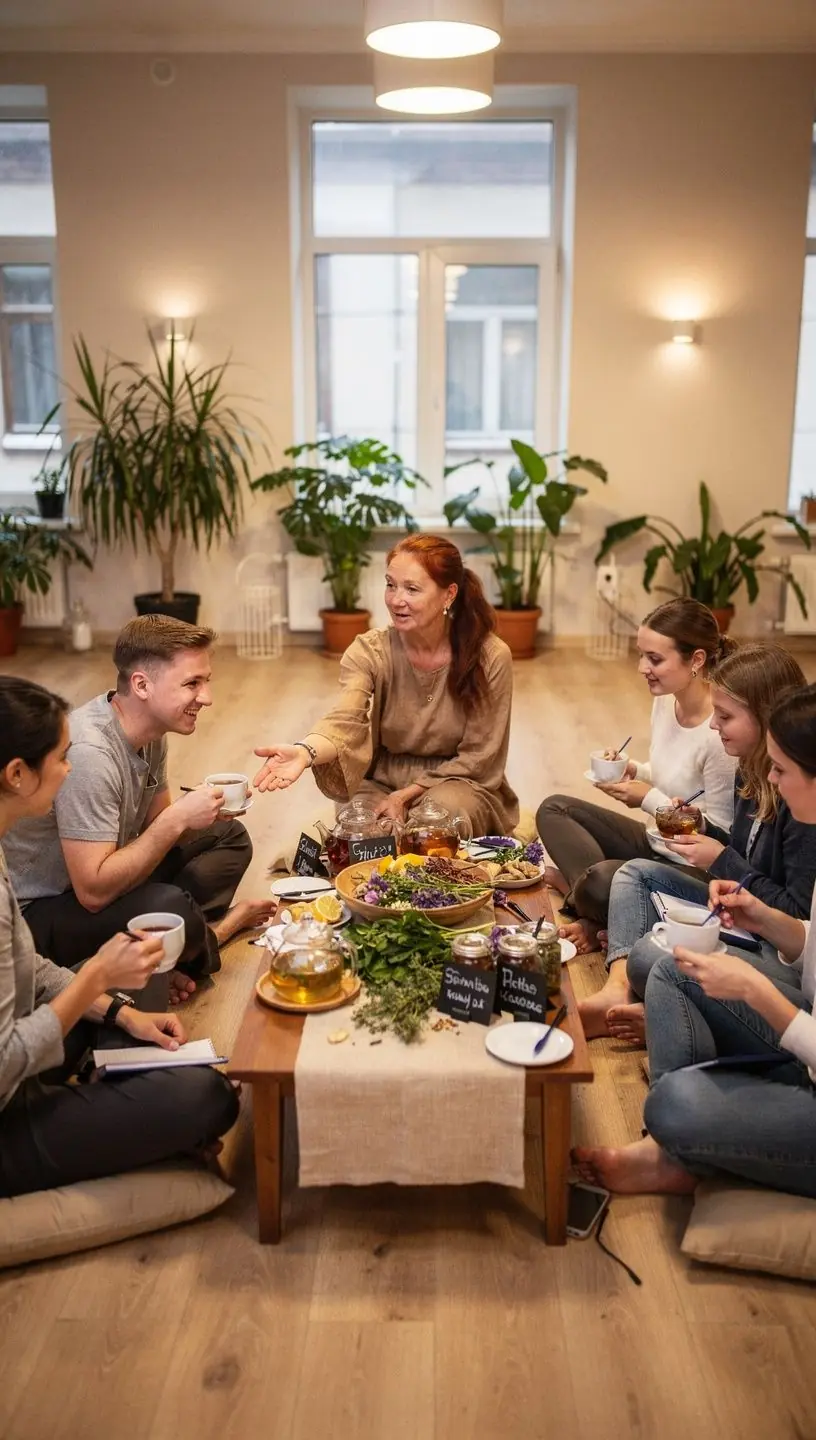 Arbatos puodelis su garuojančia žolelių arbata ant medinio stalo, šalia natūralūs augalai.